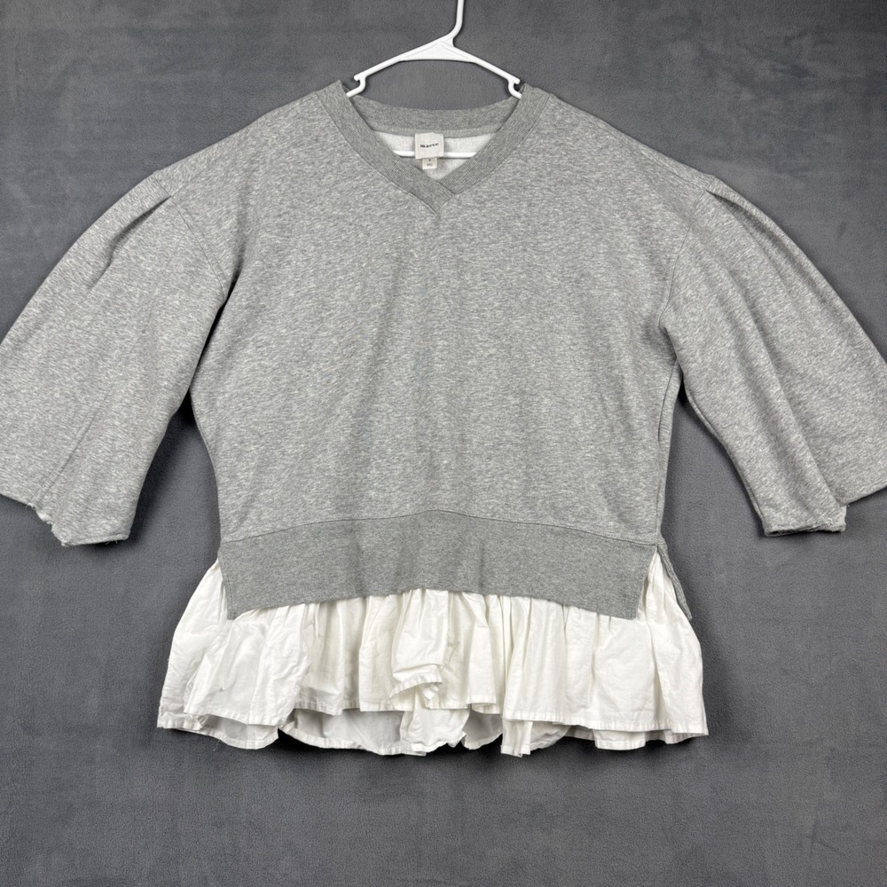 Maeve Anthropologie Gray Ruffle Hem Mixed Media Sweatshirt Puff Sleeve Top Small
